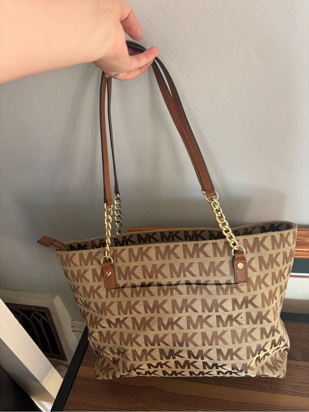 Michael Kors Brown MK Logo Canvas Tote with Tan Trim
